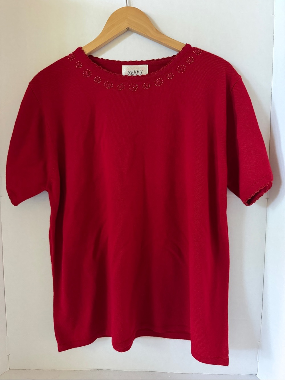 Cherry Red Embellished Short-Sleeve Knit Top - 1XL